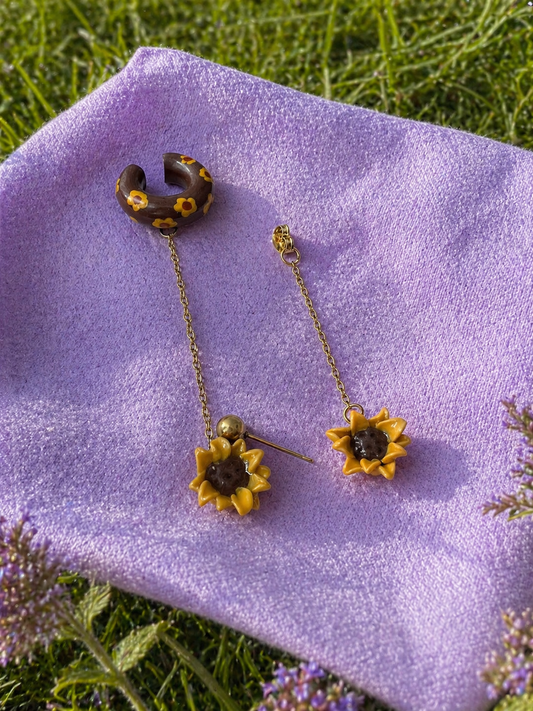 Ear Cuff con Catena e Orecchino Girasole