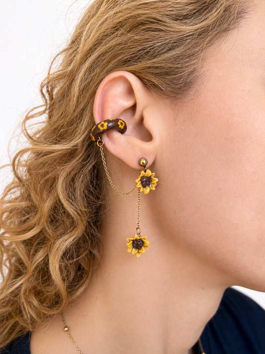 Ear Cuff con Catena e Orecchino Girasole